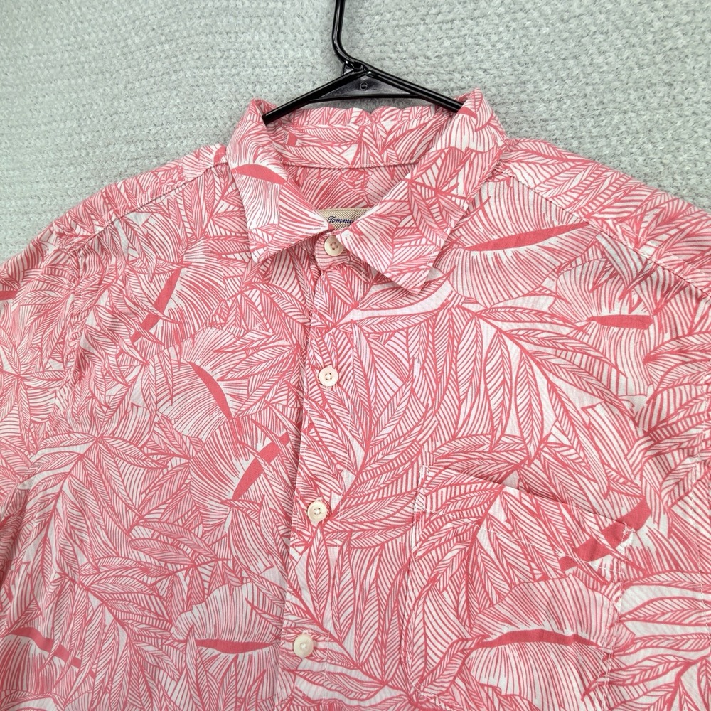 Tommy Bahama Shirt Mens Large Pink Linen Cotton Tropical Palm Leaf Hawaiian